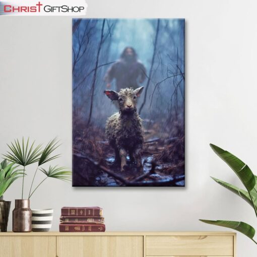 Jesus Running Toward A Lost Lamb In A Dark Rainy Forest Wall Art Canvas