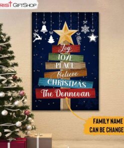 Joy Love Peace Believe, Christmas Custom Family Name Wall Art Canvas Print