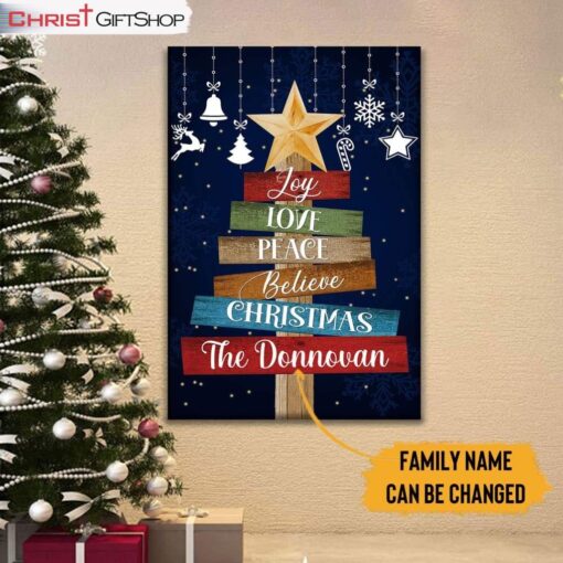 Joy Love Peace Believe, Christmas Custom Family Name Wall Art Canvas Print