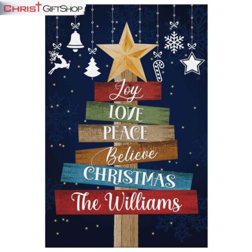 Joy Love Peace Believe, Christmas Custom Family Name Wall Art Canvas Print