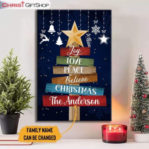 Joy Love Peace Believe, Christmas Custom Family Name Wall Art Canvas Print