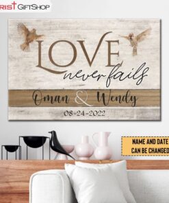 Love Never Fails Personalized Wall Art Canvas, Custom Christian Gifts