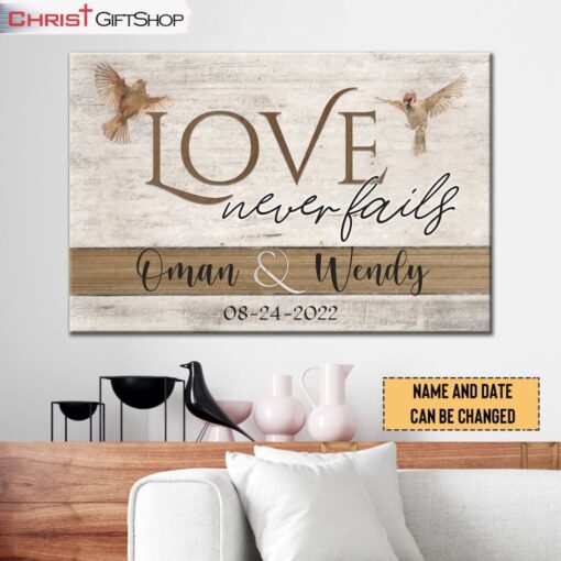 Love Never Fails Personalized Wall Art Canvas, Custom Christian Gifts