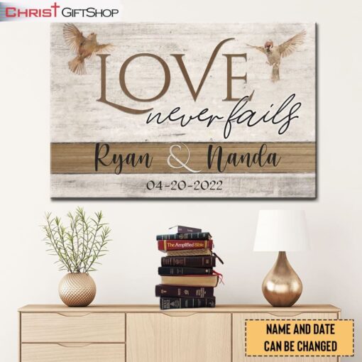 Love Never Fails Personalized Wall Art Canvas, Custom Christian Gifts