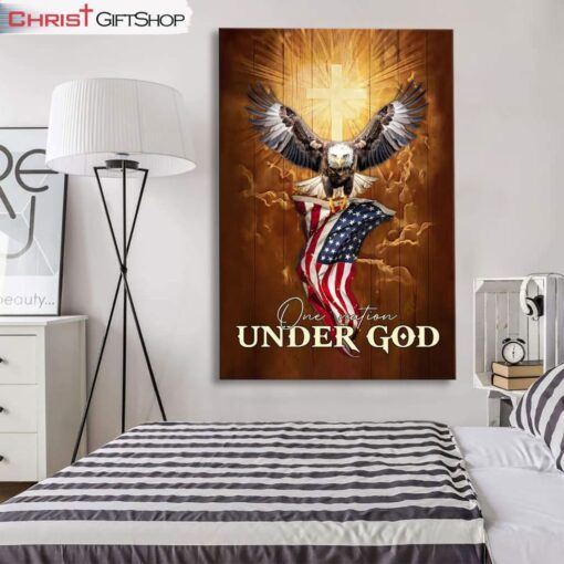 One Nation Under God, Bald Eagle With American Flag Wall Art (Canvas and Poster )