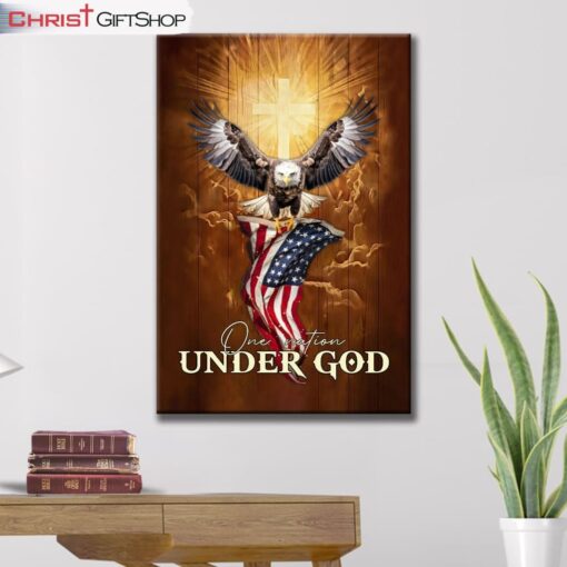 One Nation Under God, Bald Eagle With American Flag Wall Art (Canvas and Poster )