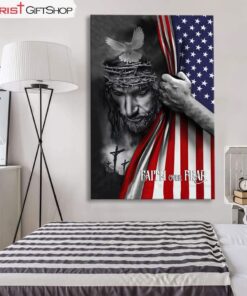 Patriotic Christian Wall Art Faith Over Fear Jesus Christ American Flag Canvas Print