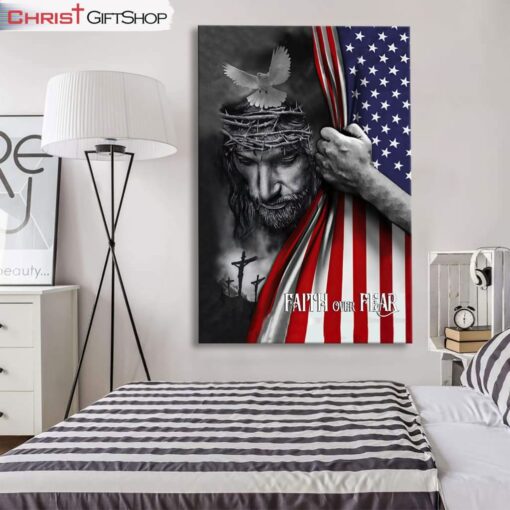 Patriotic Christian Wall Art Faith Over Fear Jesus Christ American Flag Canvas Print