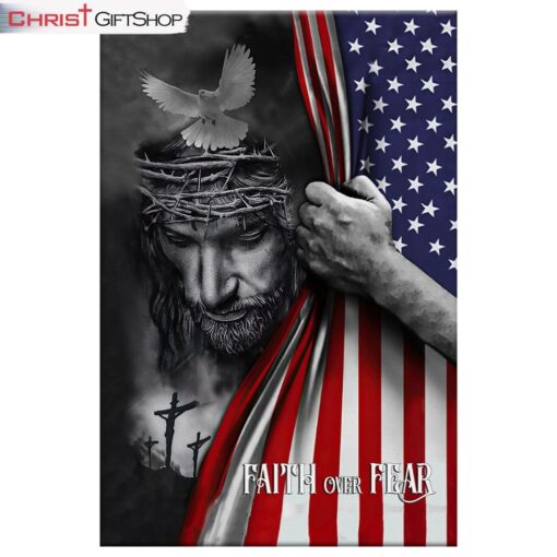 Patriotic Christian Wall Art Faith Over Fear Jesus Christ American Flag Canvas Print