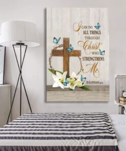 Philippians 413 I Can Do All Things Through Christ, Wooden Cross Lily Flower Butterflies Wall Art (Canvas and Poster )