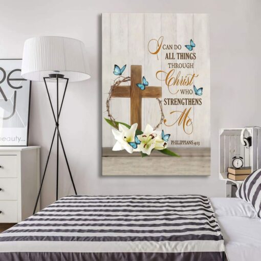 Philippians 413 I Can Do All Things Through Christ, Wooden Cross Lily Flower Butterflies Wall Art (Canvas and Poster )