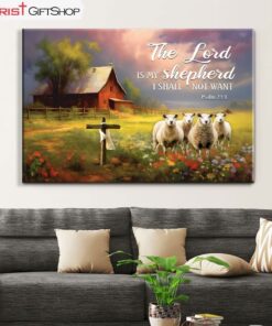 Psalm 231 The Lord Is My Shepherd, Red Barn And Sheep Wall Art (Canvas and Poster )