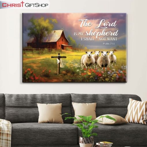 Psalm 231 The Lord Is My Shepherd, Red Barn And Sheep Wall Art (Canvas and Poster )