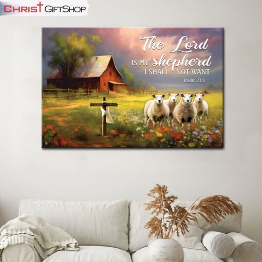 Psalm 231 The Lord Is My Shepherd, Red Barn And Sheep Wall Art (Canvas and Poster )