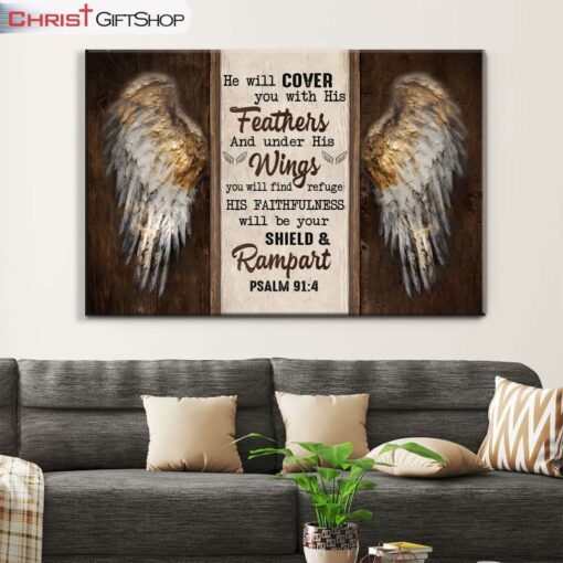 Psalm 914 He Will Cover You With His Feathers, Angel Wings Wall Art (Canvas and Poster )