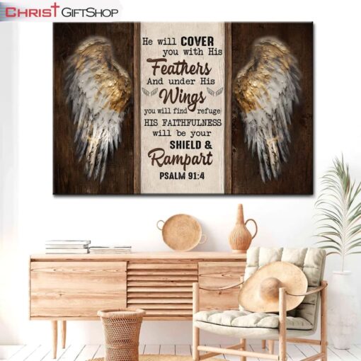 Psalm 914 He Will Cover You With His Feathers, Angel Wings Wall Art (Canvas and Poster )