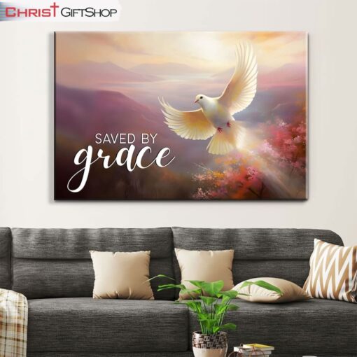 Saved By Grace, Divine Sunrise And Dove, Christian Wall Art Canvas and Poster