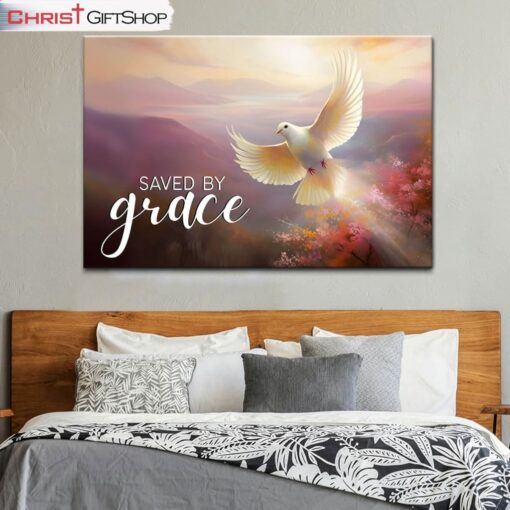 Saved By Grace, Divine Sunrise And Dove, Christian Wall Art Canvas and Poster