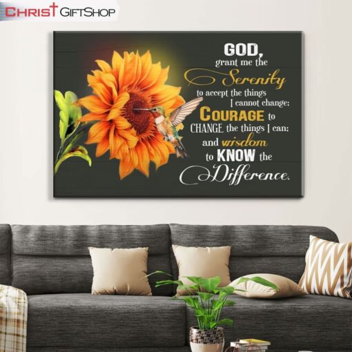 Serenity Prayer, Hummingbird, Sunflower, Christian Wall Art Canvas