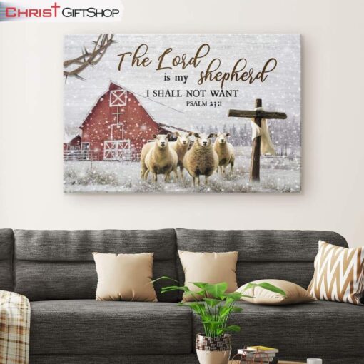 The Lord Is My Shepherd Psalm 231, Red Barn With Sheep, Christmas Wall Art Canvas