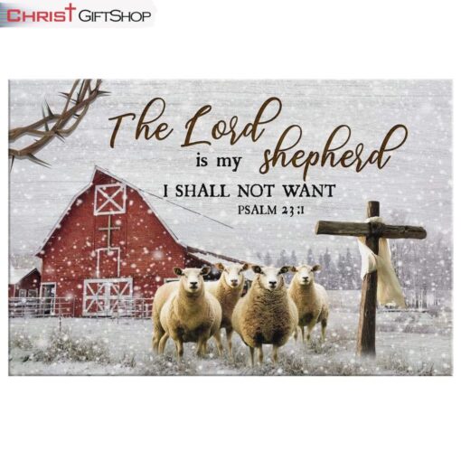 The Lord Is My Shepherd Psalm 231, Red Barn With Sheep, Christmas Wall Art Canvas