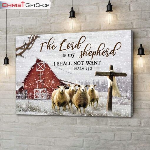 The Lord Is My Shepherd Psalm 231, Red Barn With Sheep, Christmas Wall Art Canvas