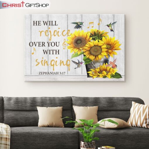 Zephaniah 317 He Will Rejoice Over You With Singing Bible Verse Wall Art Canvas