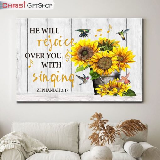 Zephaniah 317 He Will Rejoice Over You With Singing Bible Verse Wall Art Canvas