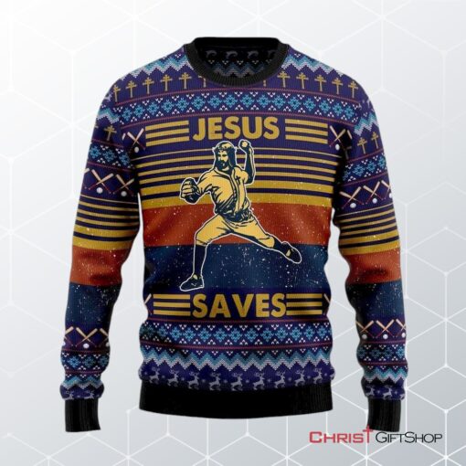 Baseball Jesus Save Ugly Christmas Sweater, Jesus Christmas Sweater