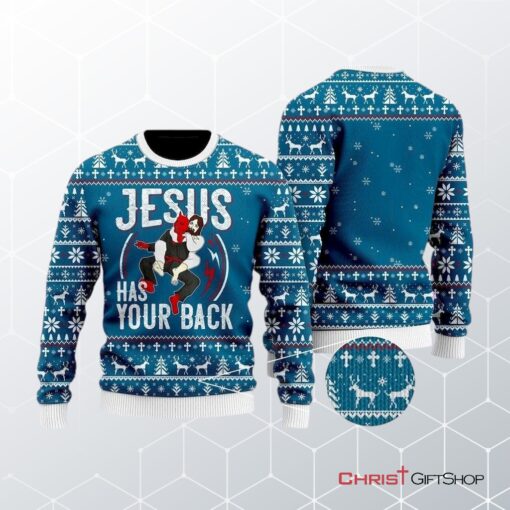 Funny Jesus Has Your Back Jiu Jitsu Ugly Christmas Sweater, Jesus Christmas Sweater