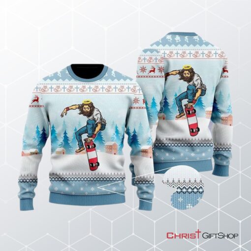 Funny Jesus Skateboarding Christmas Ugly Christmas Sweater, Jesus Christmas Sweater