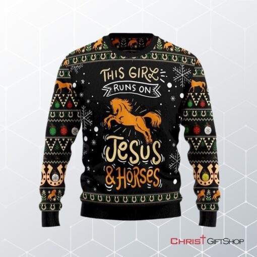 Girls Run On Jesus And Horses Ugly Christmas Sweater, Jesus Christmas Sweater