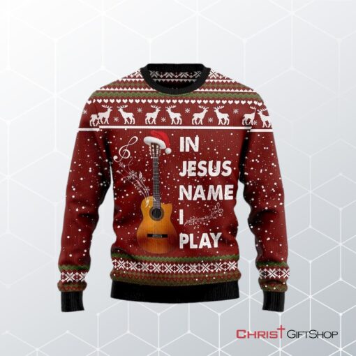 In Jesus Name I Play Guitar Ugly Christmas Sweater, Jesus Christmas Sweater