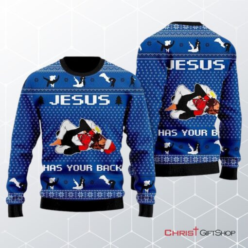 Jesus Has Your Back Jiu Jitsu Ugly Christmas Sweater, Jesus Christmas Sweater