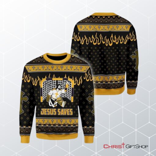 Jesus Saves Hockey Ugly Christmas Sweater, Jesus Christmas Sweater