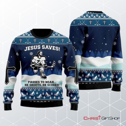 Jesus Saves Hockey Ugly Christmas Sweater, Jesus Christmas Sweater, Ugly Christmas Jesus Sweater